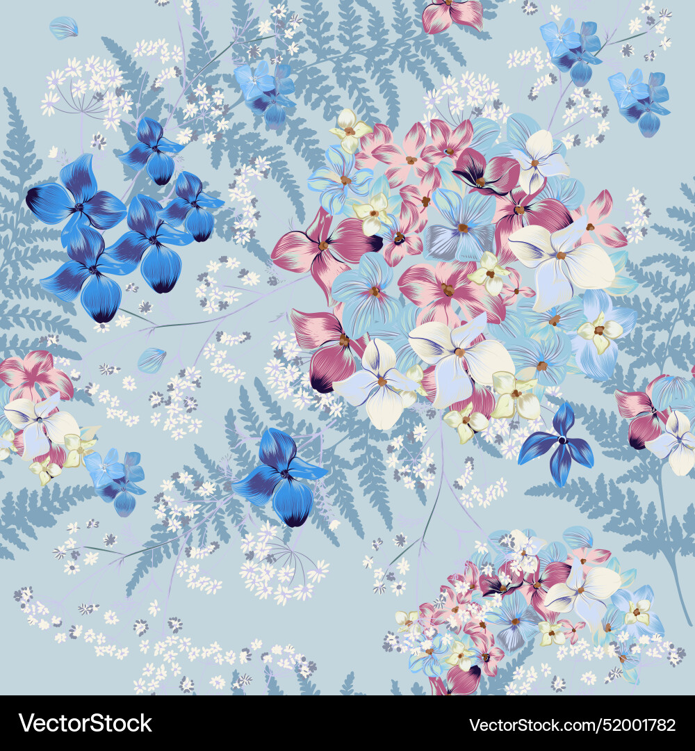 Pastel Blue & Pink Hydrangea Floral Pattern Vector Image