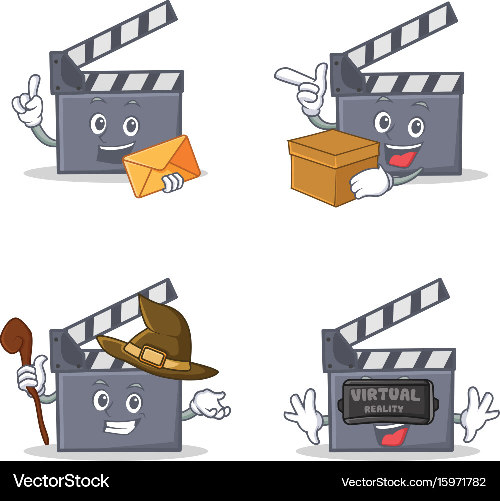Set of movie clapper character with envelope box vector image