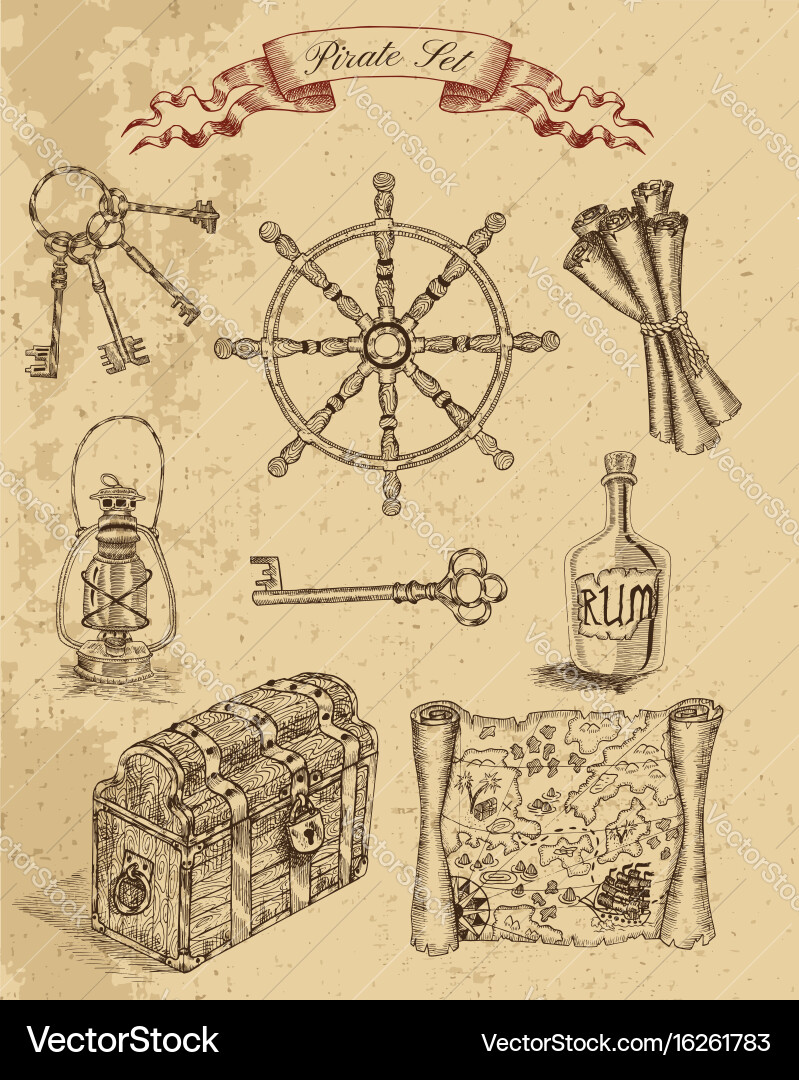 Engraved set with pirate objects vector image