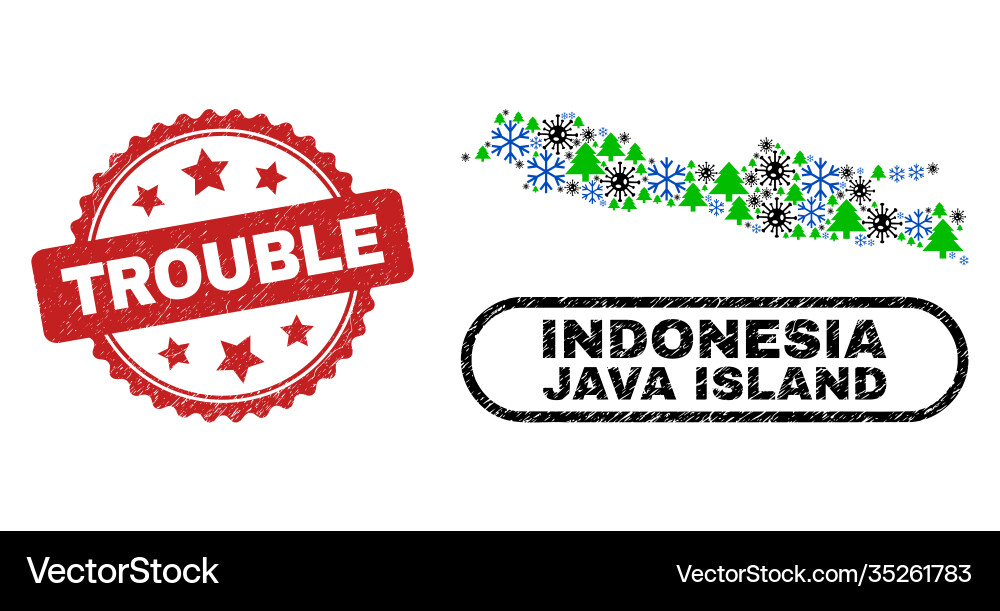 Trouble scratched stamp and java island map Trouble scratched stamp and java island map vector image