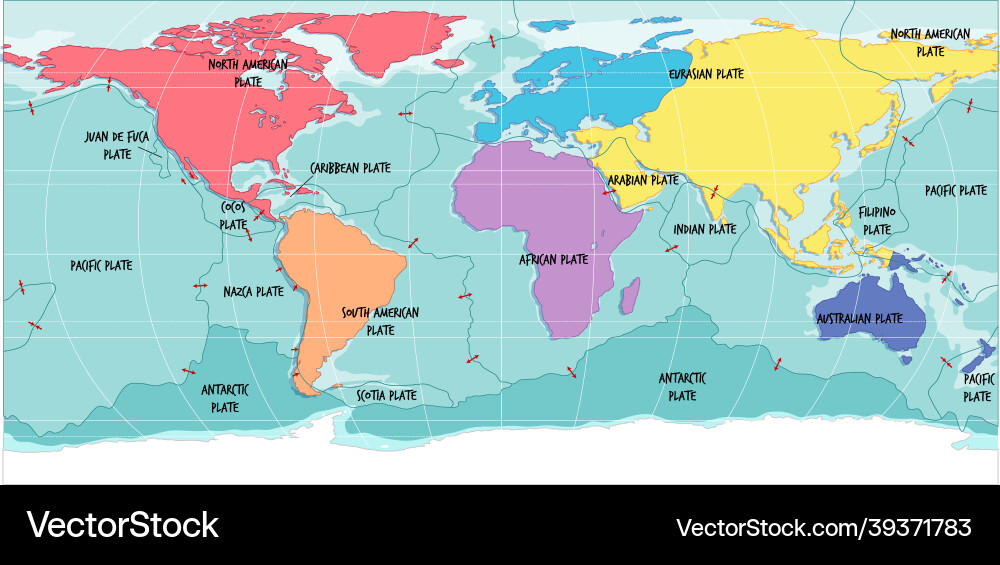 World map showing tectonic plates boundaries World map showing tectonic plates boundaries vector image