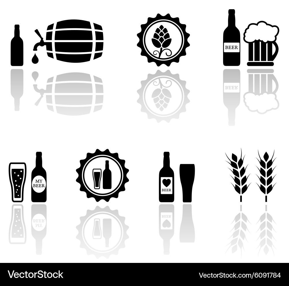 Beer isolated objects set with mirror reflection Vector Image