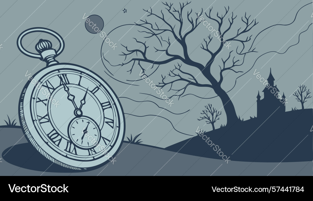 Old pocket watch in sparse forest of bare trees Vector Image