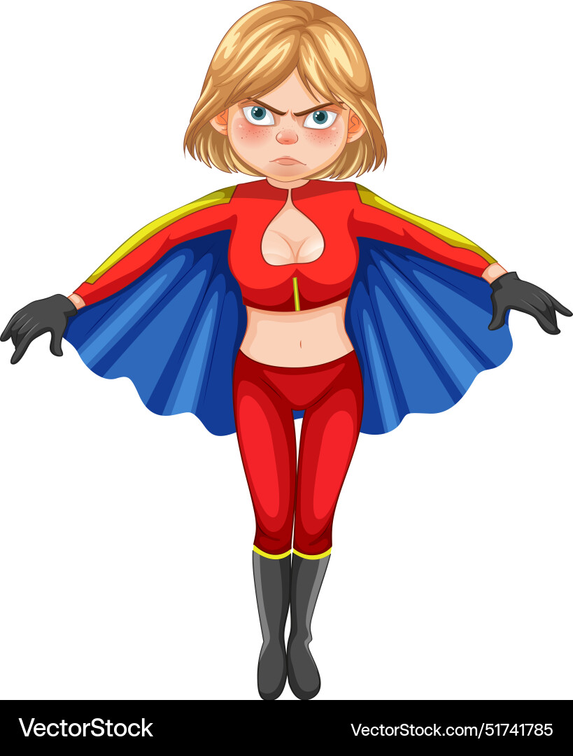 Blonde superhero in red costume with blue cape Blonde superhero in red costume with blue cape vector image