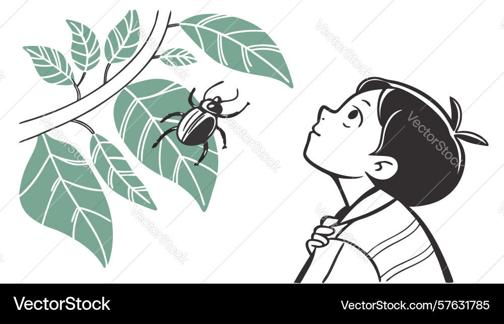 Child examining insect on leaf with magnifying Vector Image