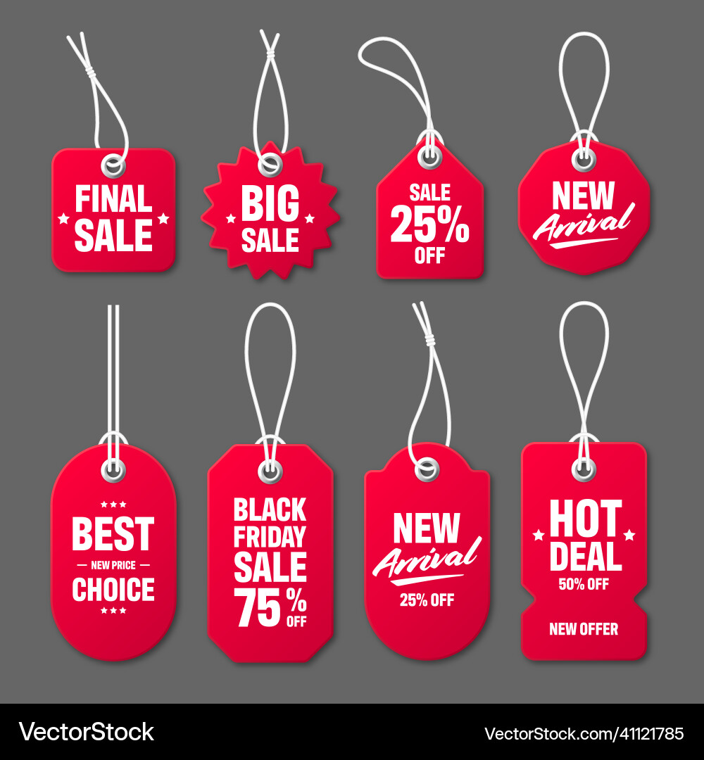 Realistic red price tags with white string on gray Realistic red price tags with white string on gray vector image