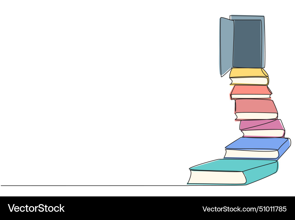 Single continuous line drawing stack the books vector image