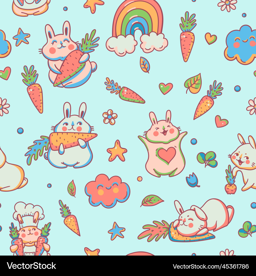 Cute doodle bunny with rainbow seamless pattern Cute doodle bunny with rainbow seamless pattern vector image