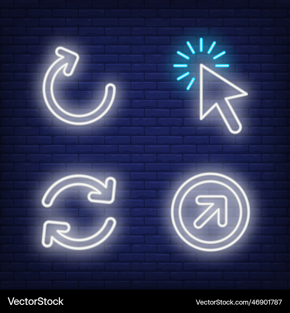 Mouse cursor click and arrows neon signs set Mouse cursor click and arrows neon signs set Vector Image