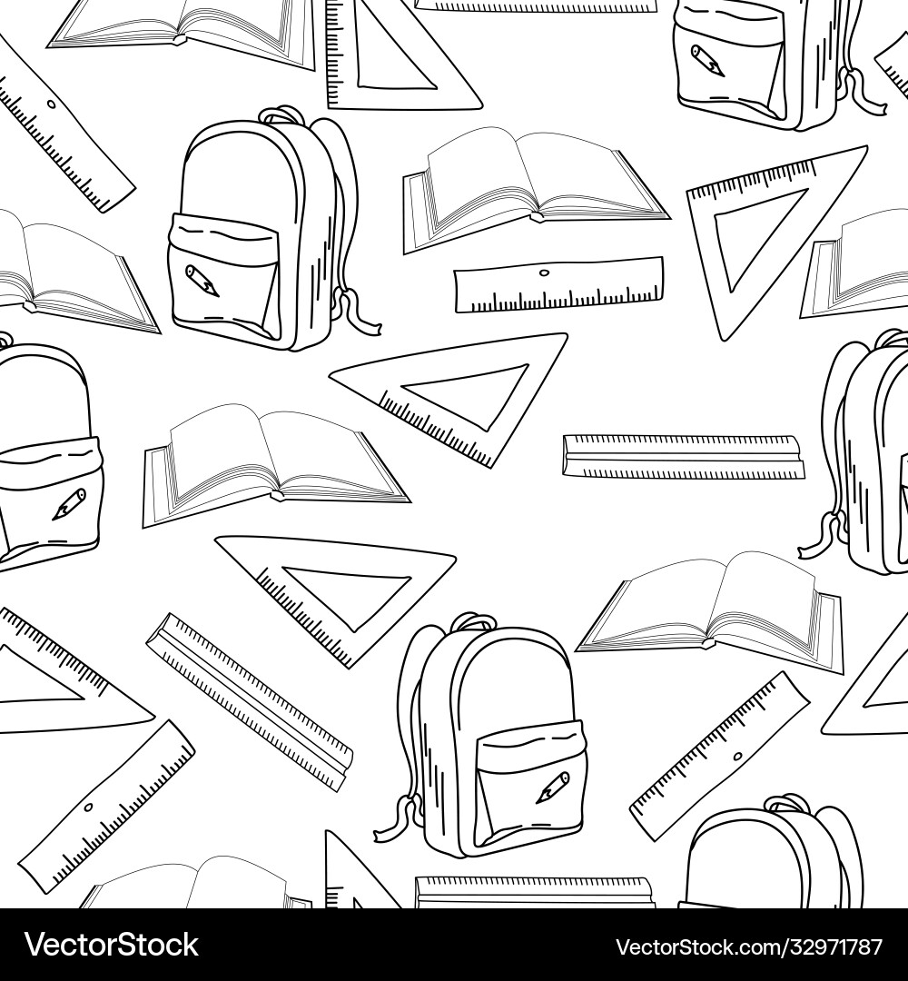 Outline seamless pattern with backpack ruler Outline seamless pattern with backpack ruler Vector Image