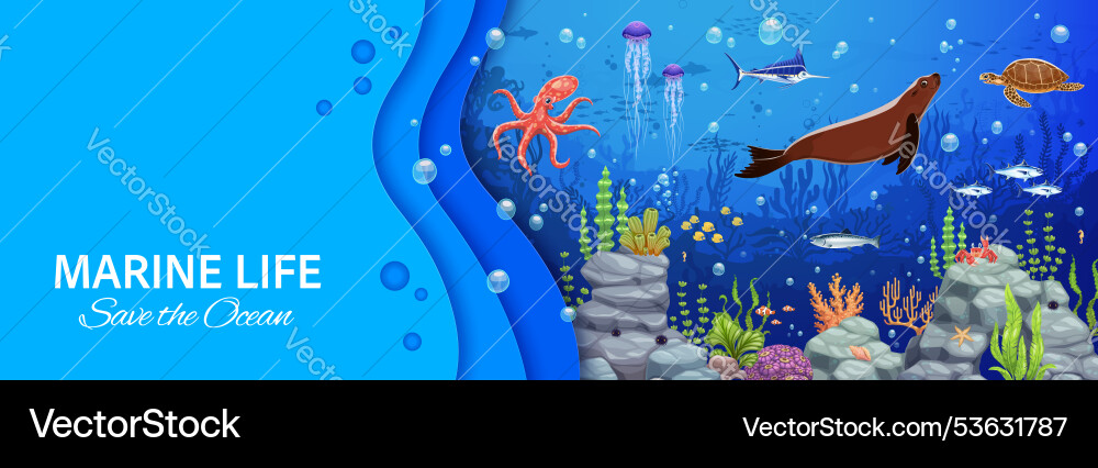 Save the ocean banner with underwater landscape Save the ocean banner with underwater landscape vector image