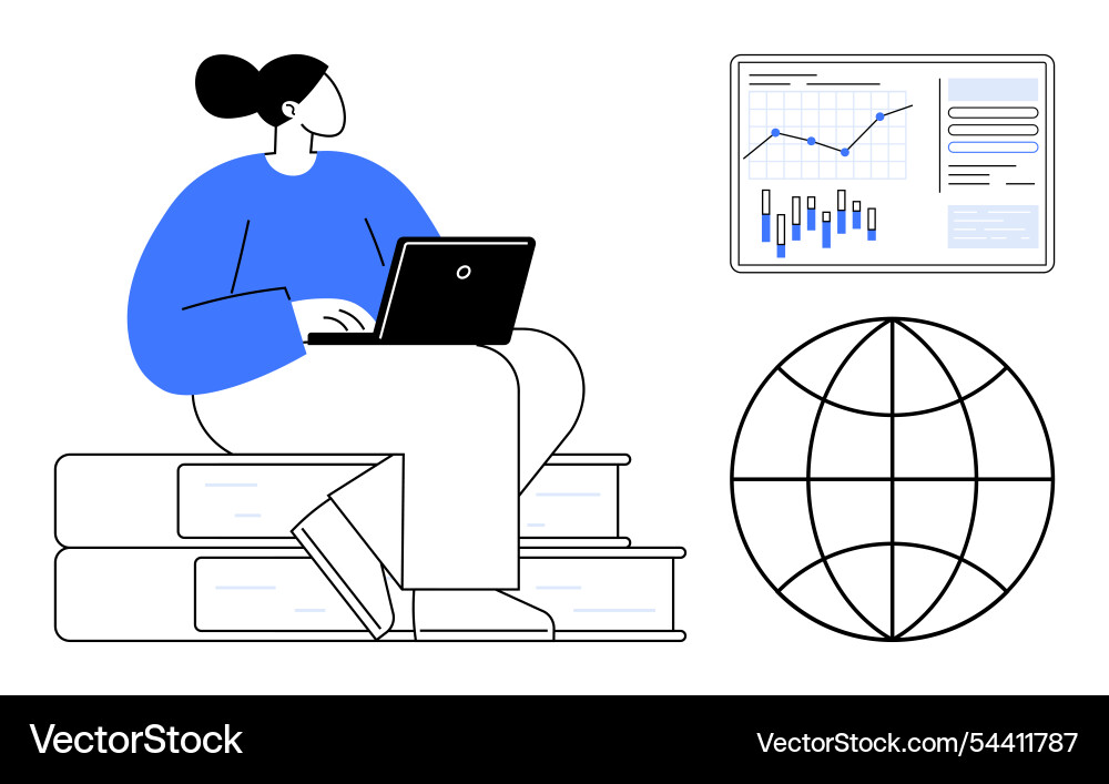 Student learning online using laptop with data Student learning online using laptop with data vector image