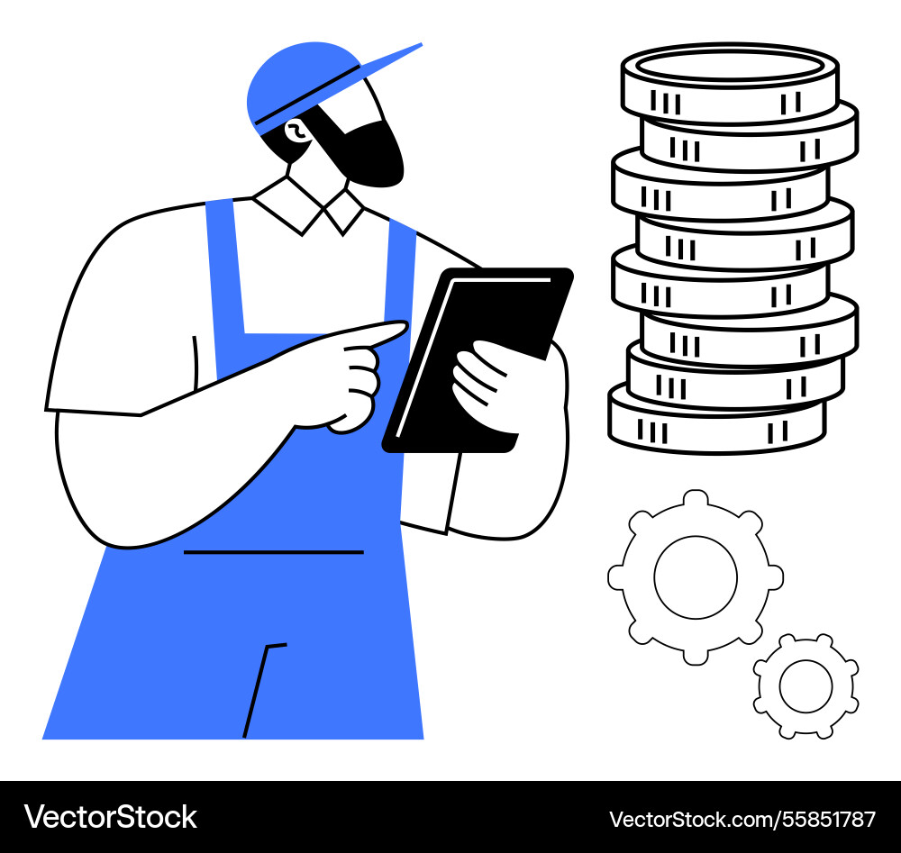 Worker in uniform using digital tablet next Worker in uniform using digital tablet next vector image