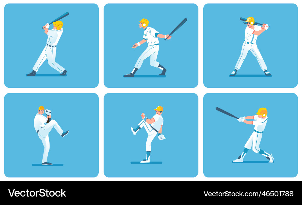 Baseball players in action various poses set flat Baseball players in action various poses set flat vector image