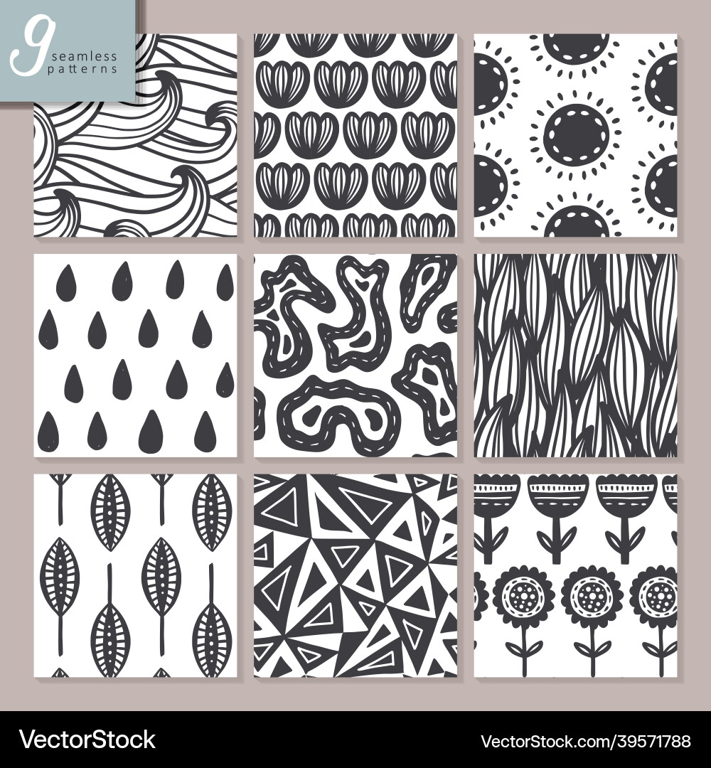 Nine Hand-Drawn Abstract Patterns vector image