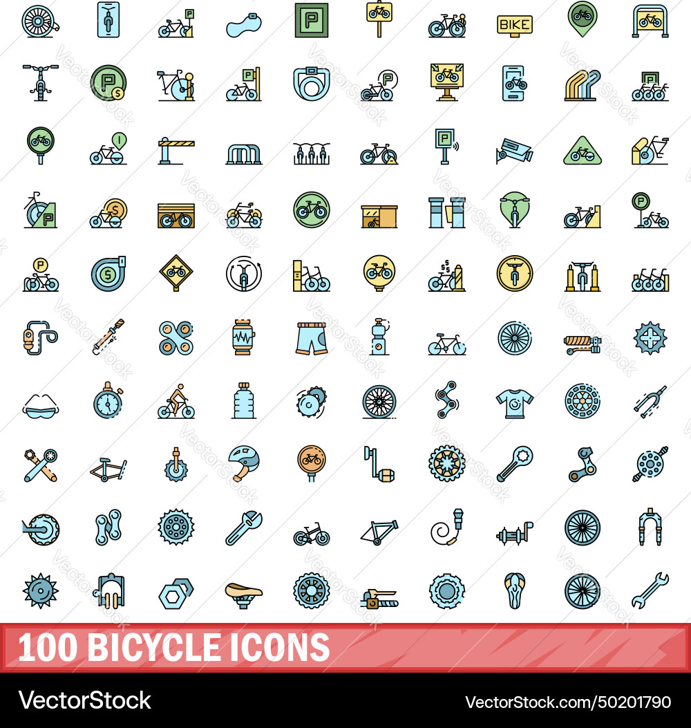 100 bicycle icons set color line style 100 bicycle icons set color line style vector image