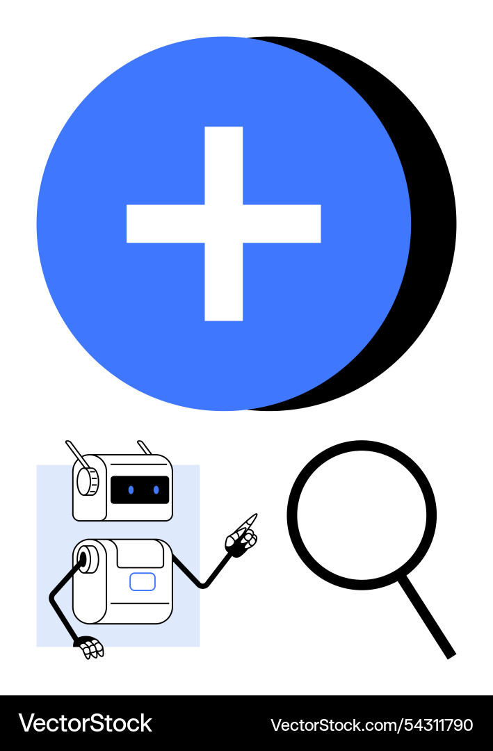 Blue add button robot and magnifying glass Blue add button robot and magnifying glass vector image