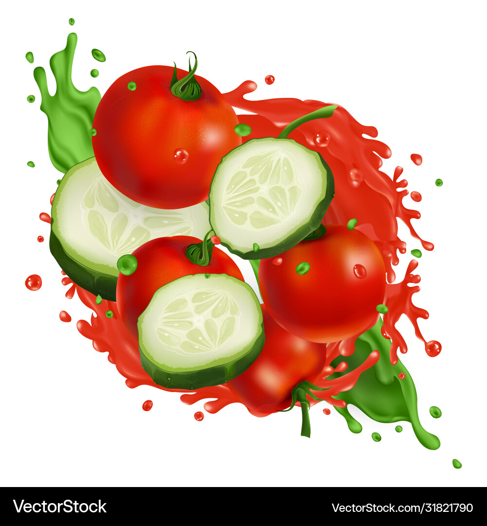 Cherry tomatoes and cucumber slices in splashes Vector Image