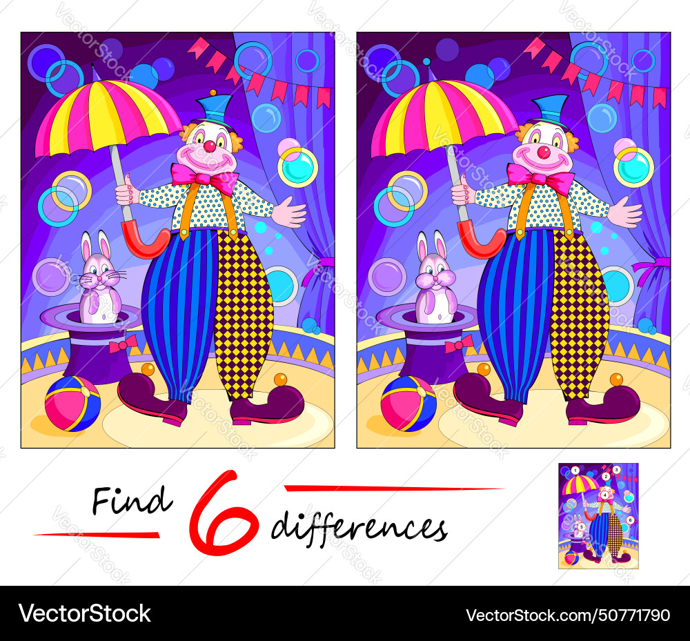 Find 6 differences of a funny clown with rabbit Find 6 differences of a funny clown with rabbit vector image