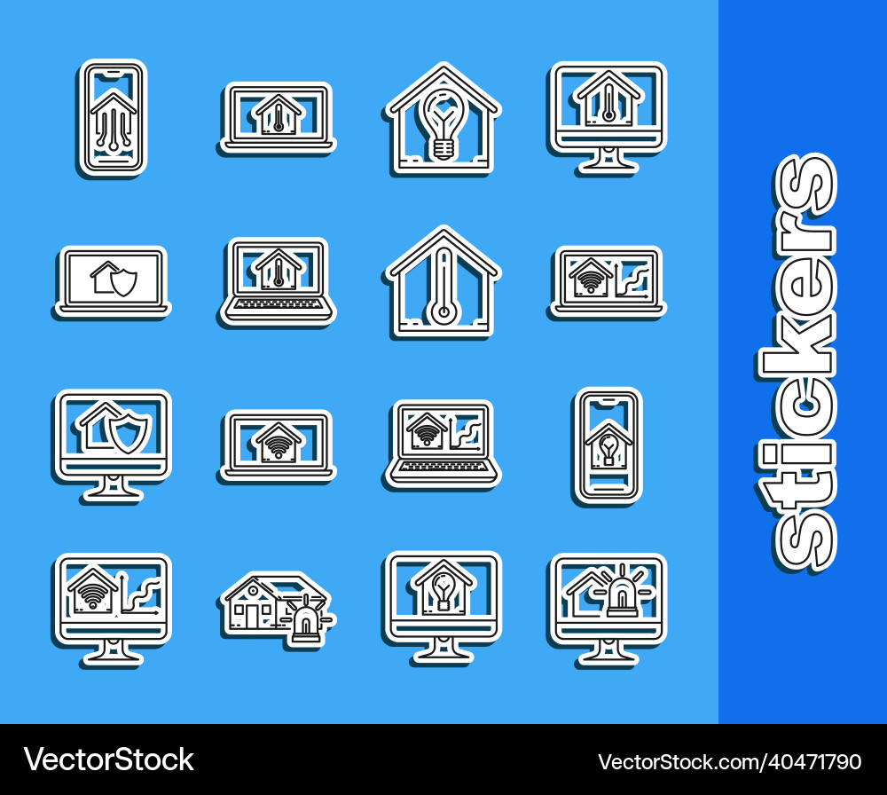 Set line computer monitor with smart house Set line computer monitor with smart house Vector Image