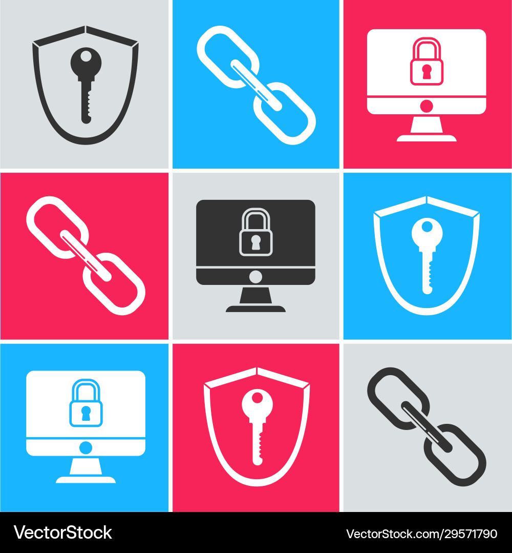 Set shield with key chain link and lock Set shield with key chain link and lock vector image
