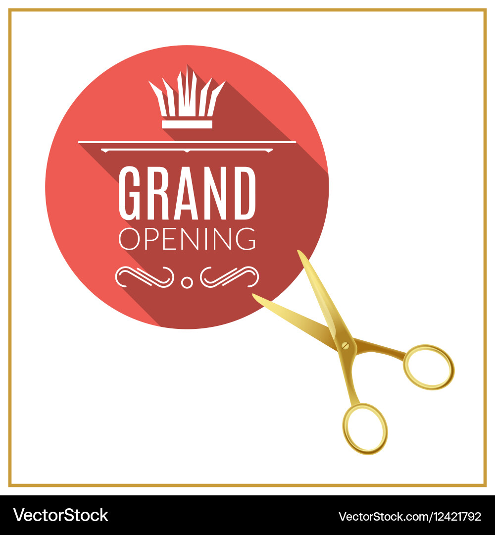 Grand opening circle button with golden scissors Vector Image