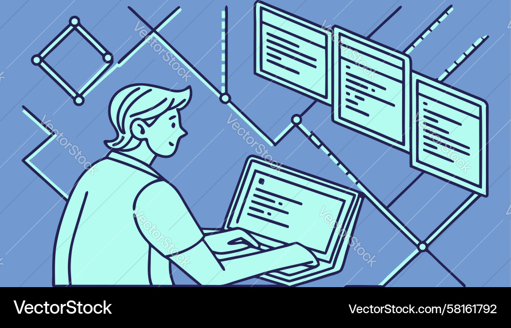 Man Using Laptop with Multiple Screens Vector Image