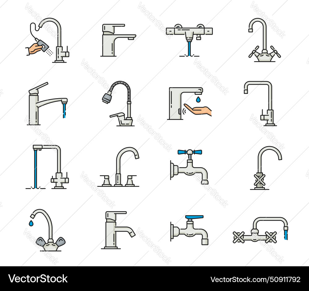 Tippen Sie auf Bad und Küche Wasserhahn Linie Icons Tippen Sie auf Bad und Küche Wasserhahn Linie Icons vektorbild