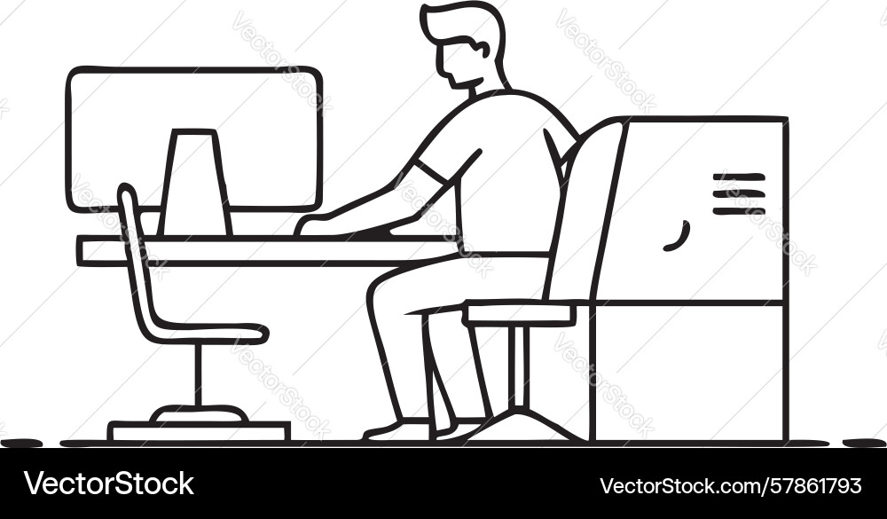 Focused individual working on a computer outline Vector Image