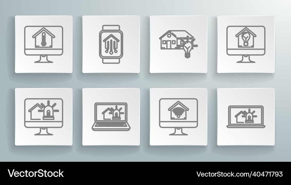 Set line computer monitor with smart house Set line computer monitor with smart house Vector Image