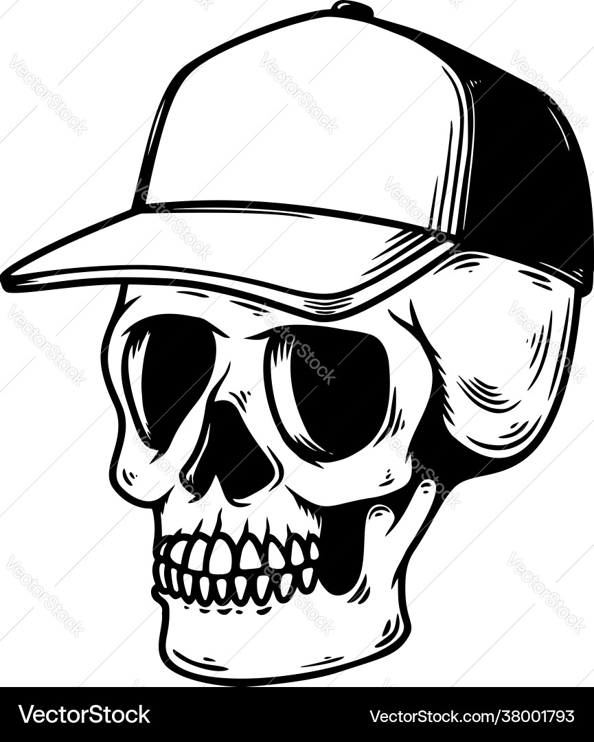 Skull in Baseball Cap - Monochrome vector image