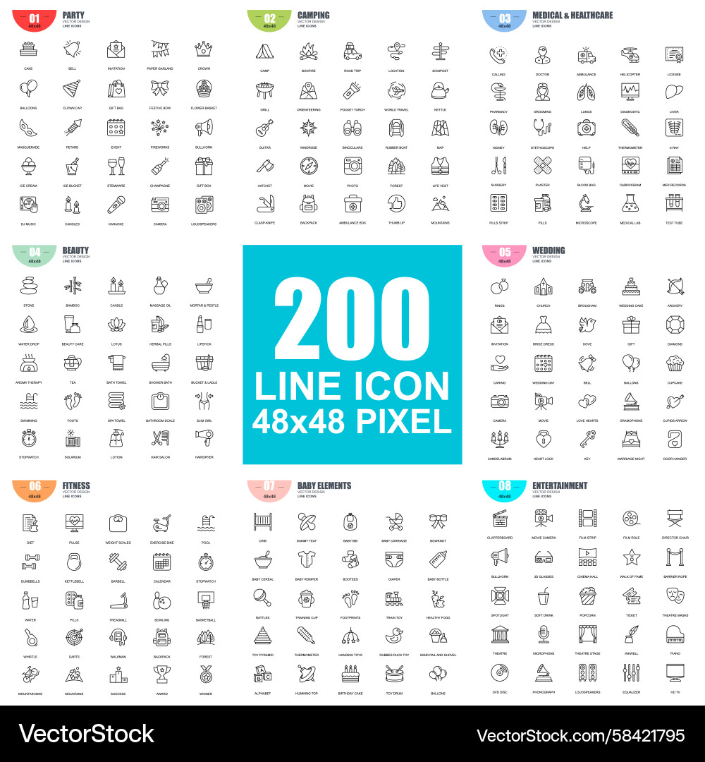 Thin Line Icon Set - Diverse Elements Vector Image