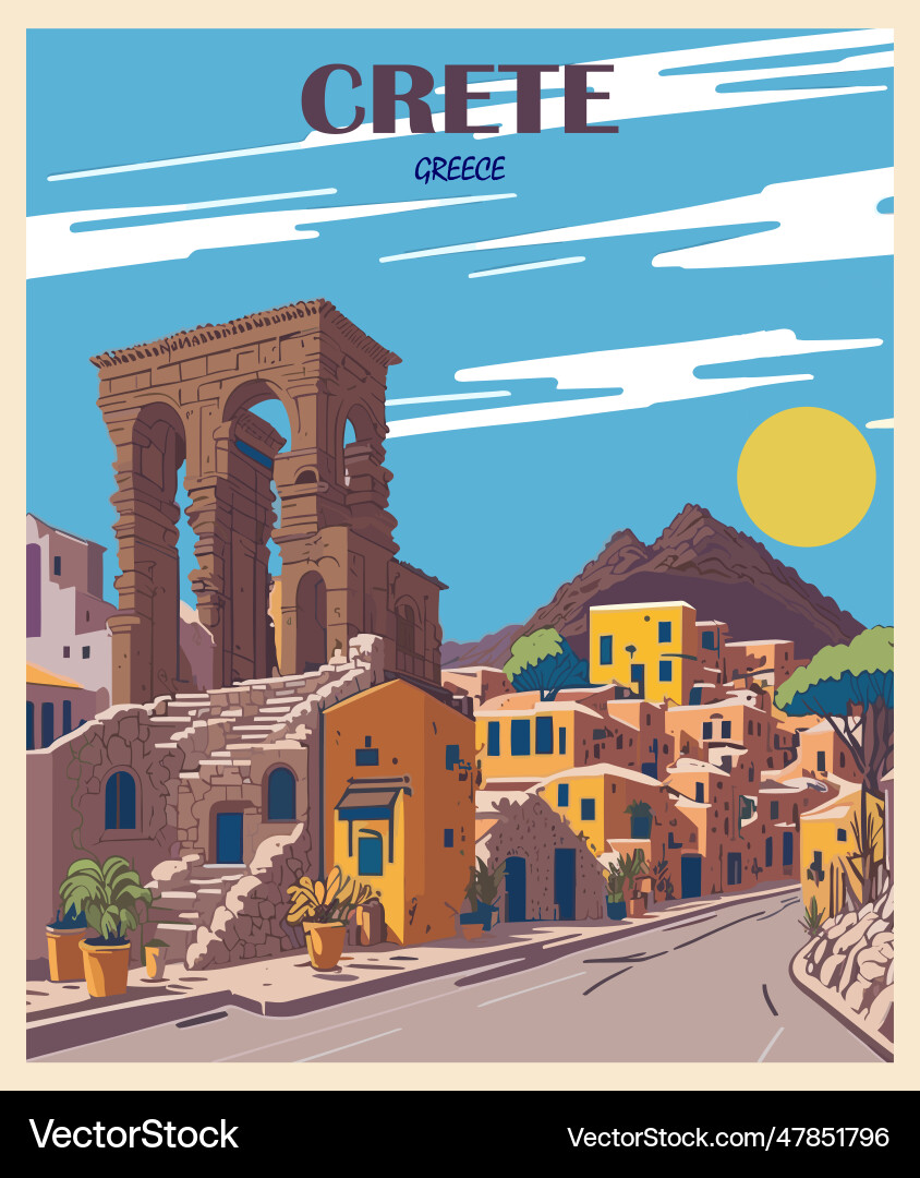 Crete Greece Travel Poster - Knossos Ruins Vector Image