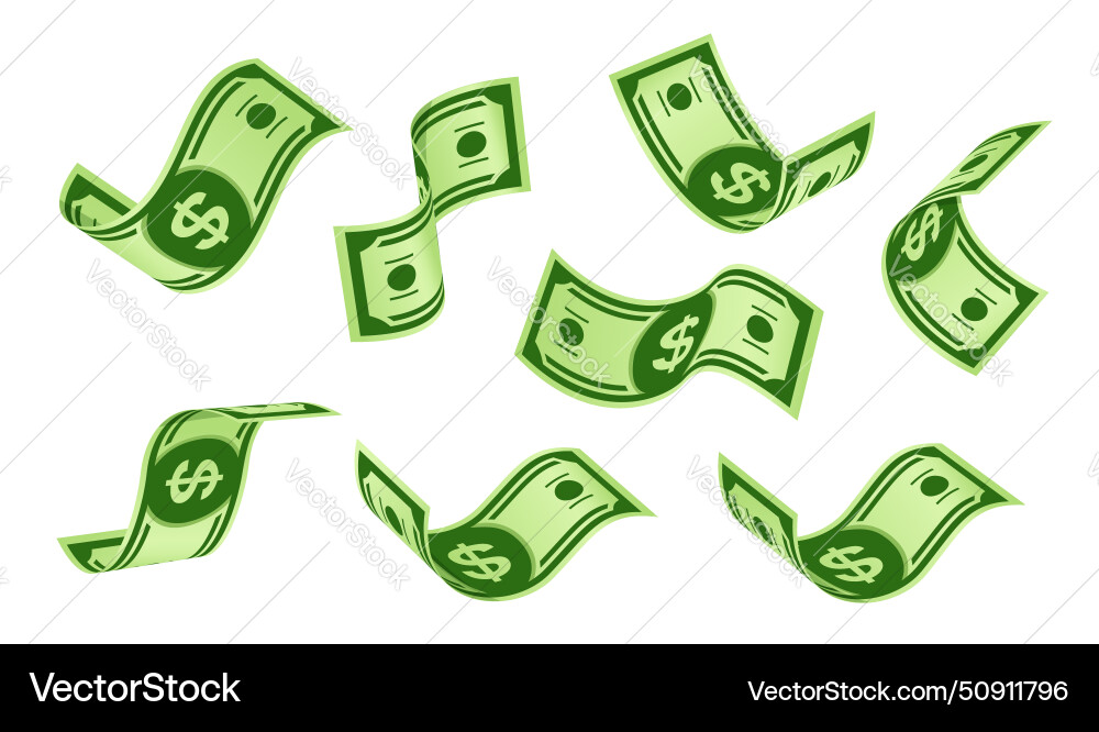 Falling cash bills flying cartoon dollar banknotes Falling cash bills flying cartoon dollar banknotes vector image