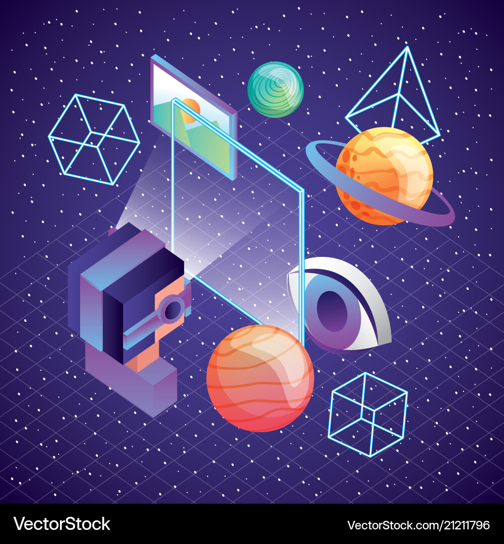 Man using vr goggles screen planet 3d figures Man using vr goggles screen planet 3d figures Vector Image