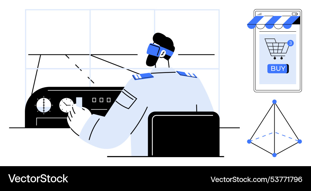 Pilot using virtual reality headset in control vector image
