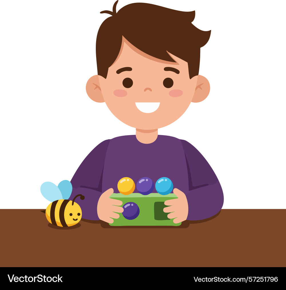 Smiling child playing with colorful toy and bee Vector Image