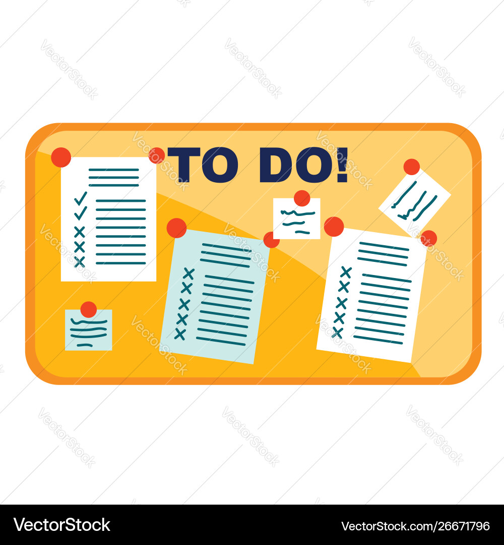 Task cards attached to board using pins Task cards attached to board using pins vector image