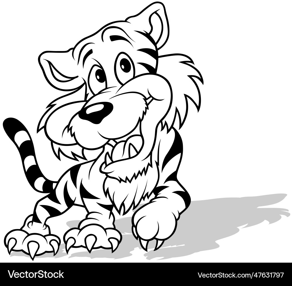 Drawing of a smiling tiger with raised paw Vector Image