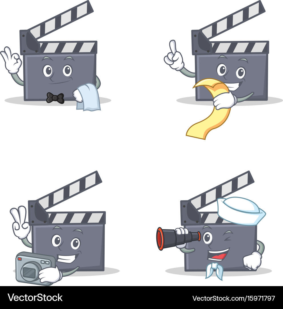 Set of movie clapper character with waiter menu vector image