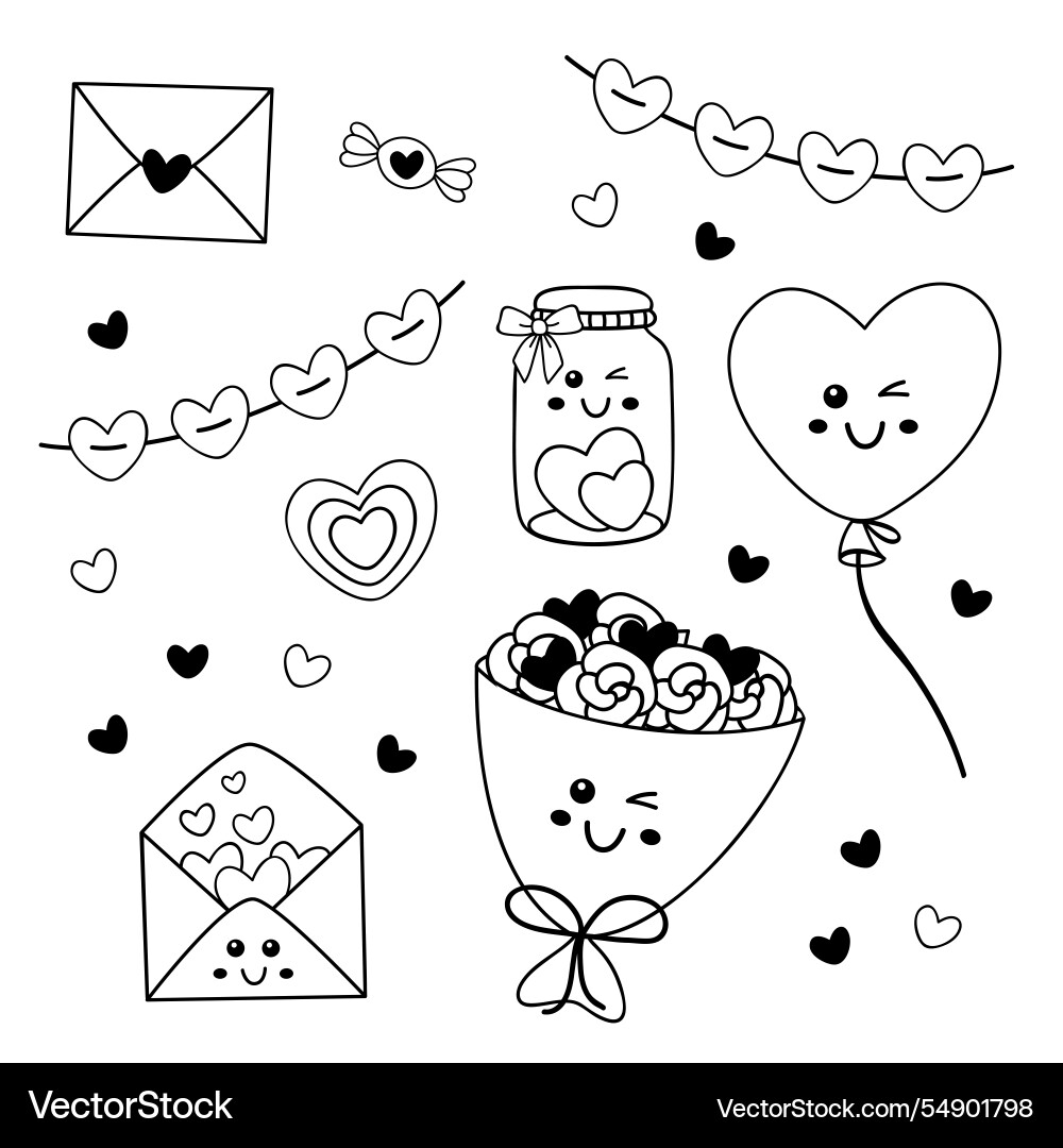 Outline Set isolierter Valentinselemente Outline Set isolierter Valentinselemente vektorbild