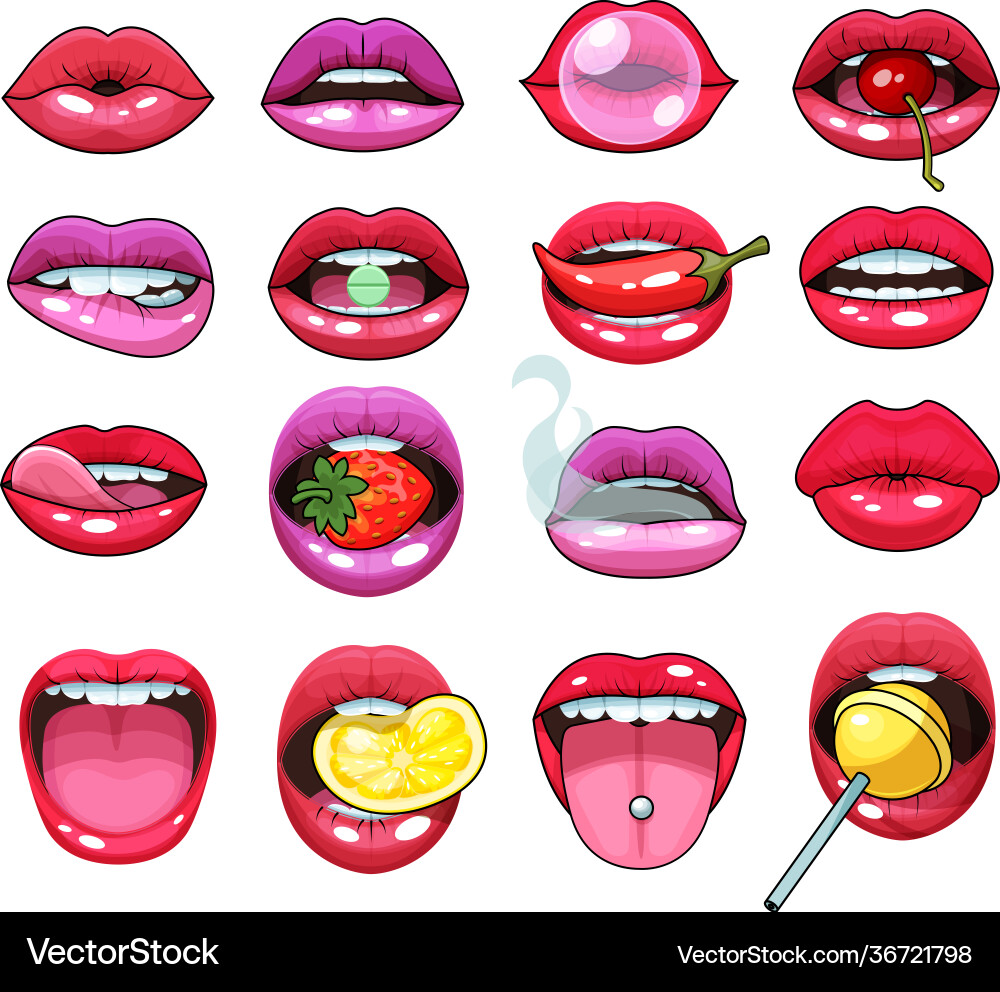 Sexy woman mouth set red girls lips stickers Sexy woman mouth set red girls lips stickers vector image