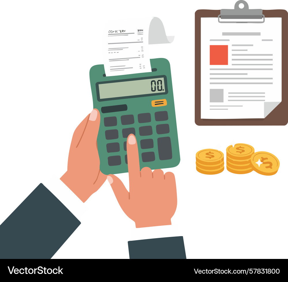 Calculator with hands pressing buttons next Vector Image
