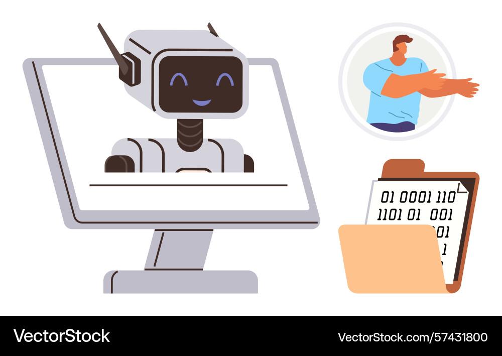 Conversational robot on screen with programmer Conversational robot on screen with programmer vector image
