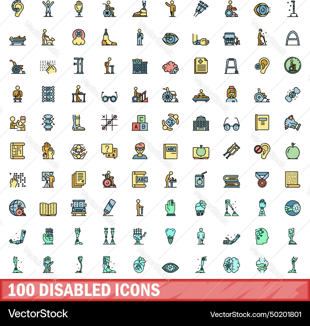 100 disabled icons set color line style 100 disabled icons set color line style vector image