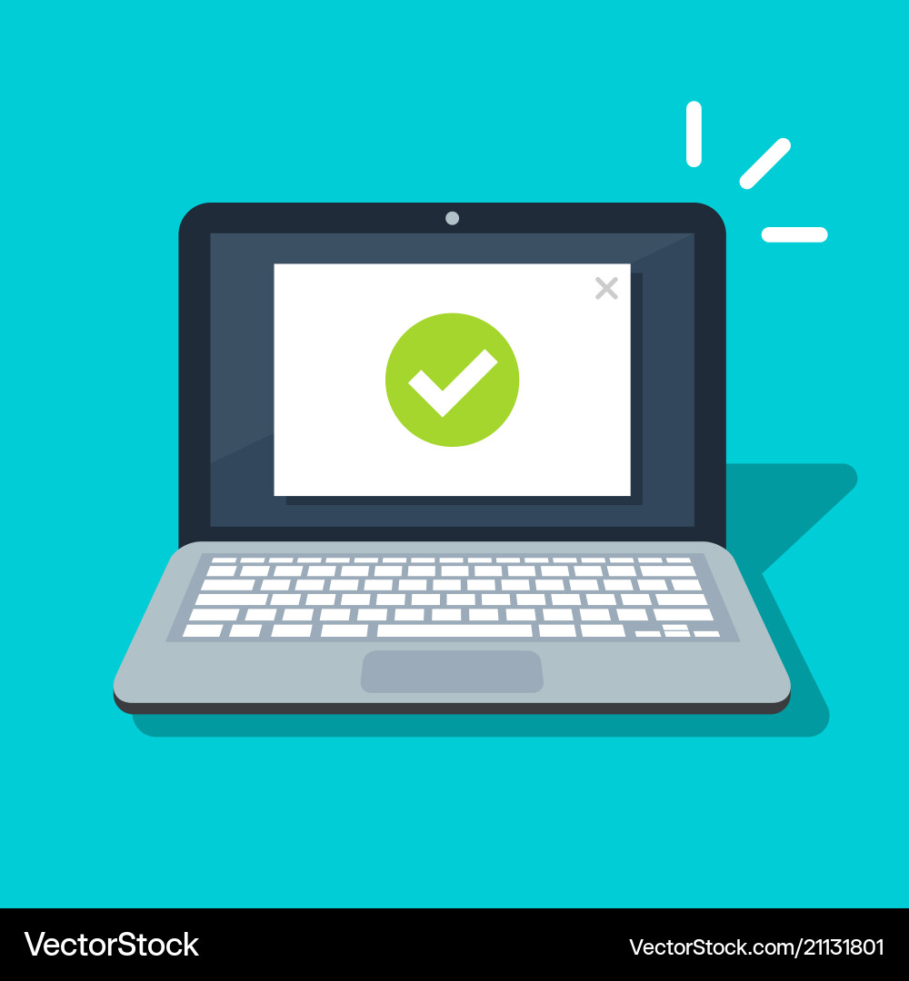 Laptop with checkmark or tick notification Laptop with checkmark or tick notification vector image