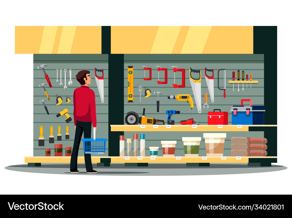 Man choosing at tools stand in constructor shop vector image