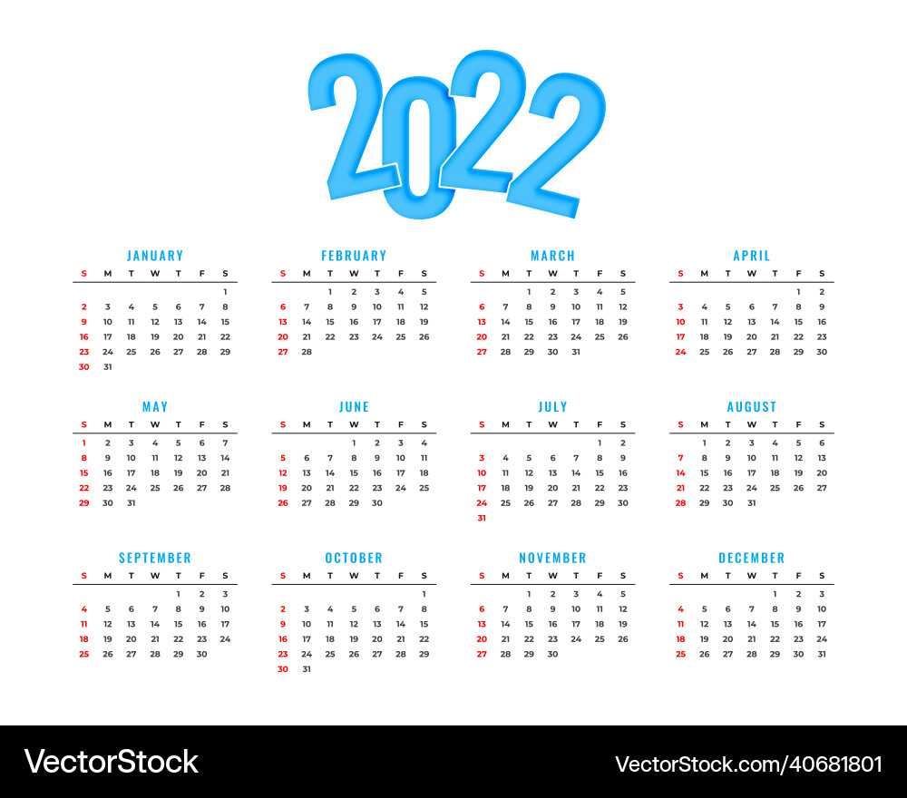 Simple blue 2022 new year calendar design Simple blue 2022 new year calendar design vector image