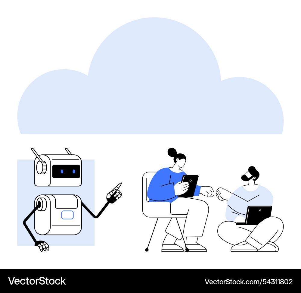 Robot teaching two individuals using tablets Robot teaching two individuals using tablets Vector Image