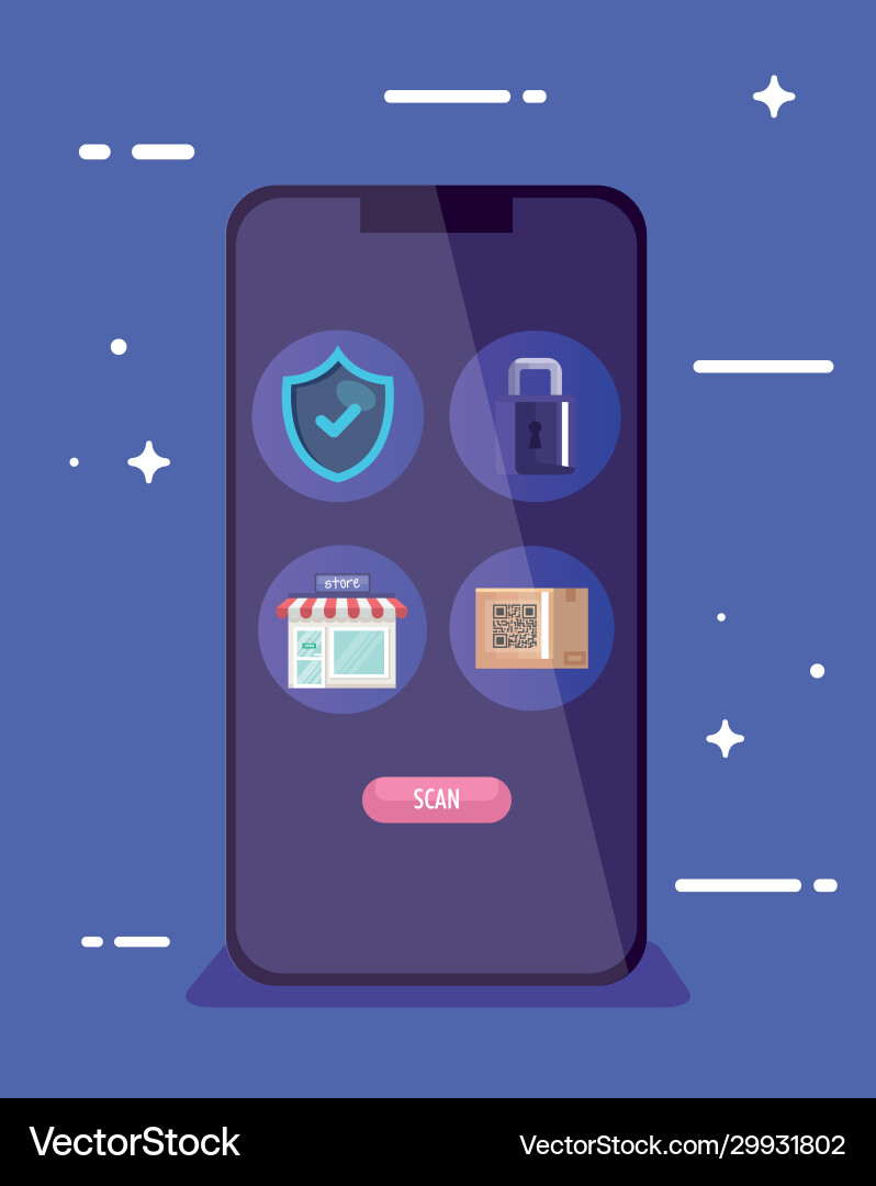Shield padlock store and qr code inside smartphone vector image